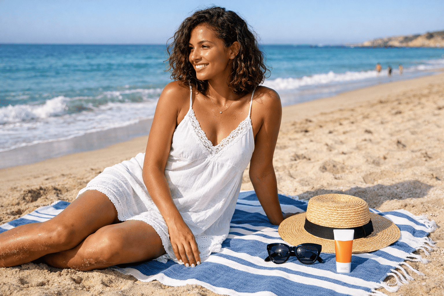 Femme assise sur une fouta de plage